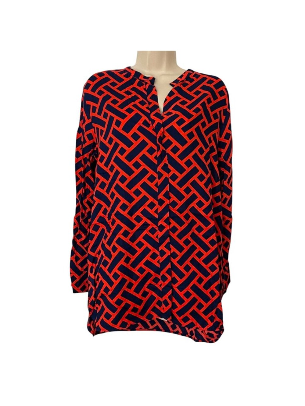 Escapada Veronica Top Womens Navy Coral Nile Geometric Long Sleeve V Neck Size M